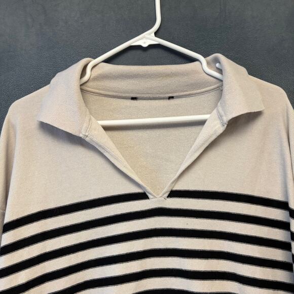 Cropped Striped Collared Pullover Sweater Beige Black Women’s Top Preppy Casual - Picture 4 of 9